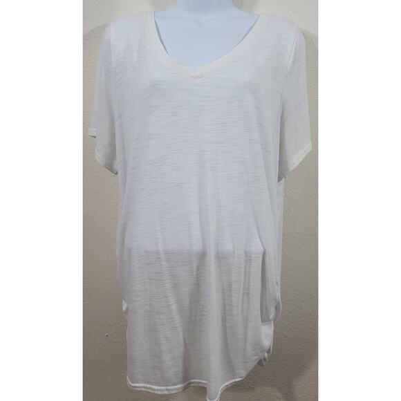 White Slub Knit V-Neck Short Sleeve Top 22 24 Lightweight Gathered Side Hem - Picture 1 of 4